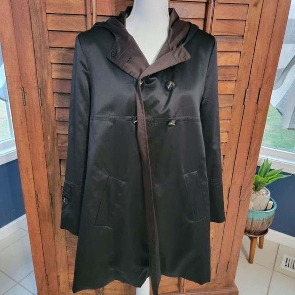 Larry Levine Sport long coat jacket black with brown lining gold buttons sz med